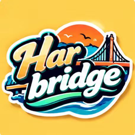 Har bridge logo with a sunset, suspension bridge and water